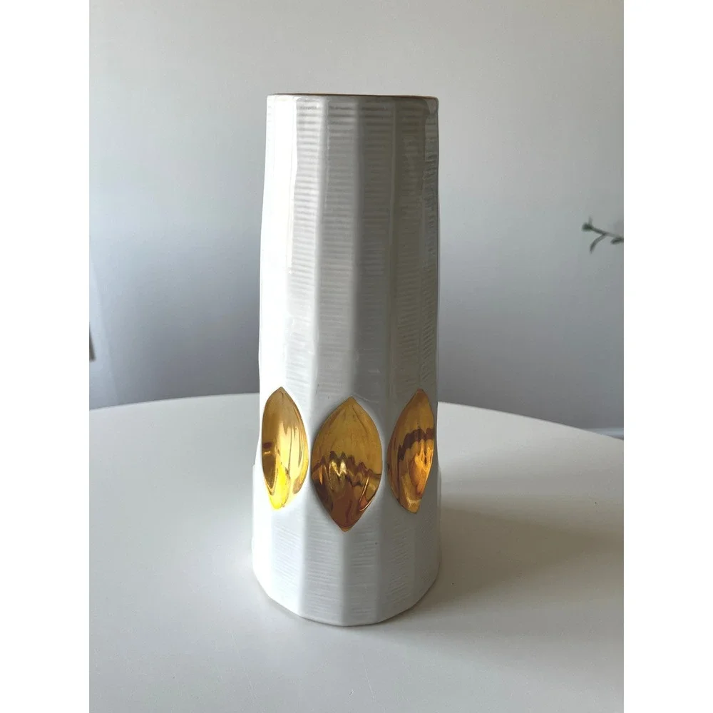 Jonathan Adler Fontana Vase Made in Peru White Textured Gold Accents Handmade